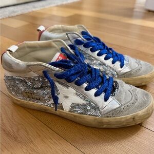 Golden Goose Silver Sequin Sneakers with Blue Laces